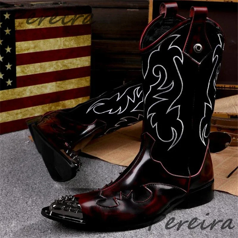 

British Style Retro Wine Red Men's Boots Fashion Embroidered Rivet Pointed Toe Slip-On Western Cowboy Boots Autumn Leather Shoes