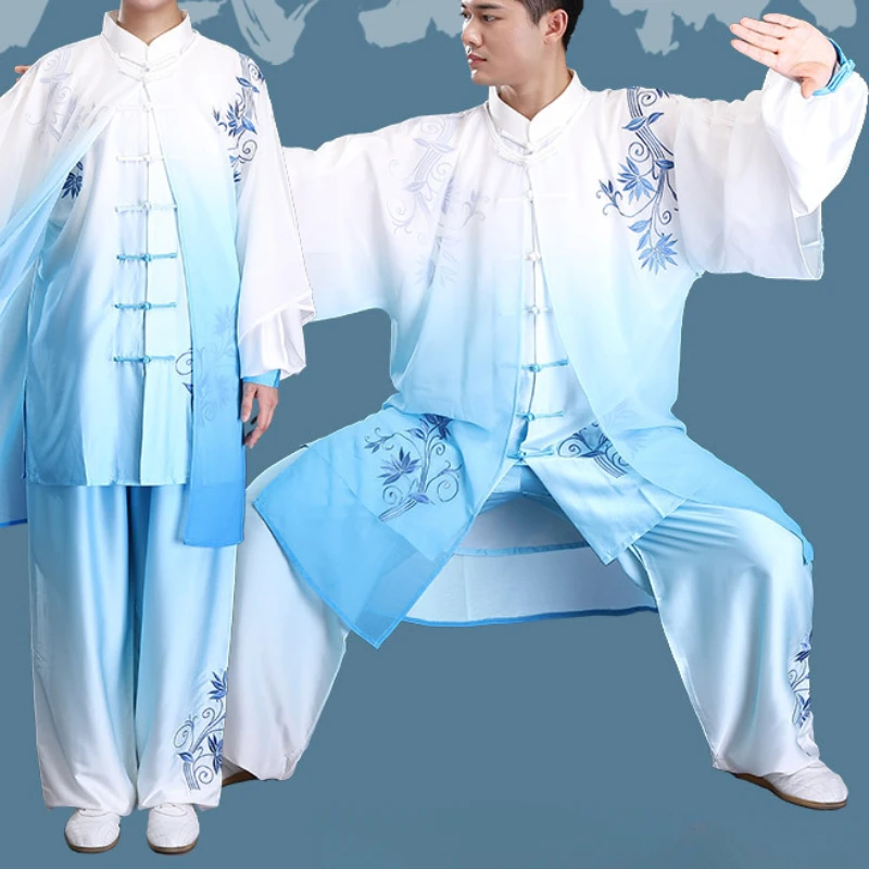 2/3 Pcs/Set Blue White Porcelain Gradient Color Tai Ji Embroidery Martial Arts Set Competition Wear Kung Fu Exercise Clothing