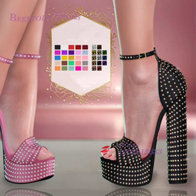 Pink Jeweled Spotted Crystal Sandals Girl Party Glitter Black Suede Open Heels Chunky Sexy Woman Patchwork Hollow Spring Shoes