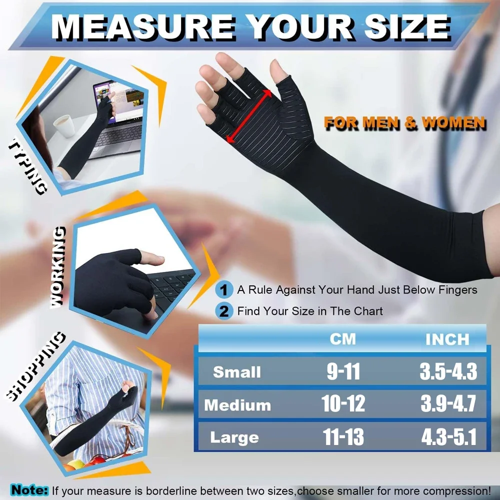 1Pair Long Arthritis Compression Gloves for Women Men,Copper Glove for Joint Pain Relief,Fingerless Carpal Tunnel Glove for Work