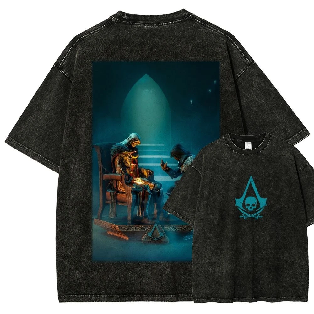 Hot Assassin's Creed Sergio Red and White Assassin Emblem Double-sided Washed Made Old Short Sleeve T-shirt Loose Cotton