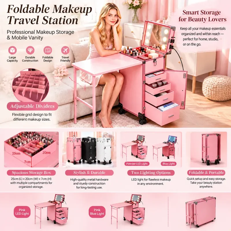 Professional Rolling Makeup Case Large Capacity Trolley Cosmetic Organizer with Wheels for Beauty Artists Nail Techs Travel