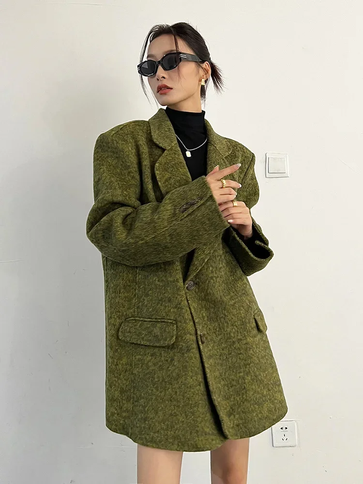 kiesza lyte 2024 Autumn Winter New Fashion Vintage High Quality Green Wool Blazers woolen Jacket Long Coats Women Сукно-пальто