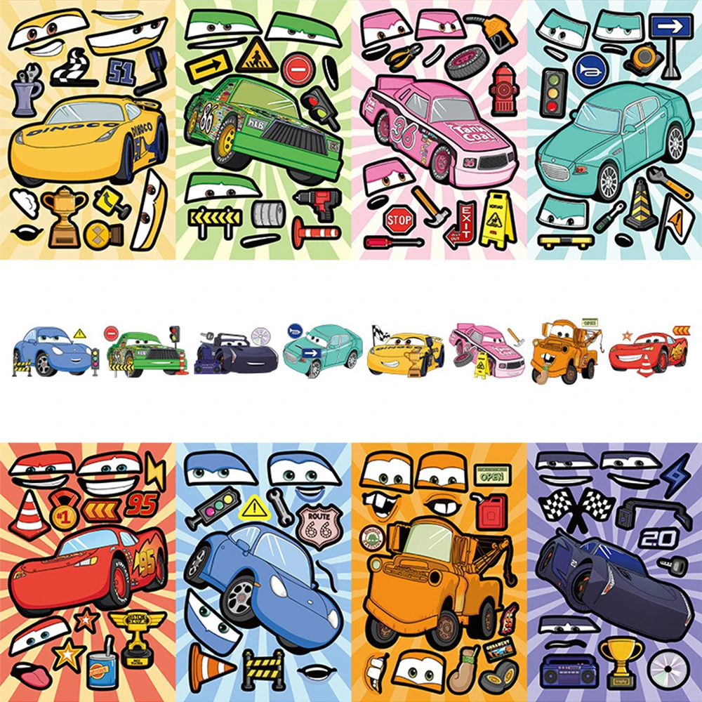 8/16 folhas de Adesivos de Quebra-Cabeça de Desenho Animado Disney Carros: Crie uma Cara, Faça Você Mesmo, Faísca McQueen, Brinquedos de Montar, Suprimentos Divertidos para Jogos de Festa