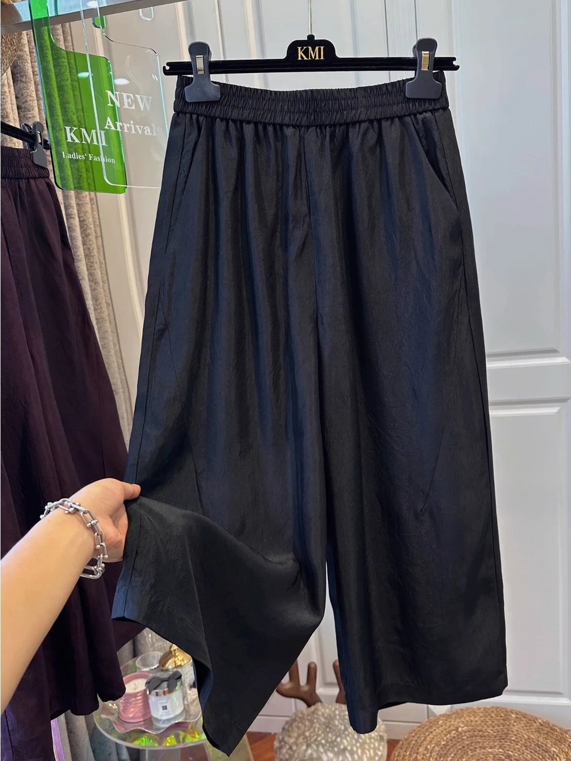 Summer New plus Size Elastic Waist Pure Color Acetate Casual Pants Women Loose Wide Leg Pants Nine Points Slimming Loose Trou...