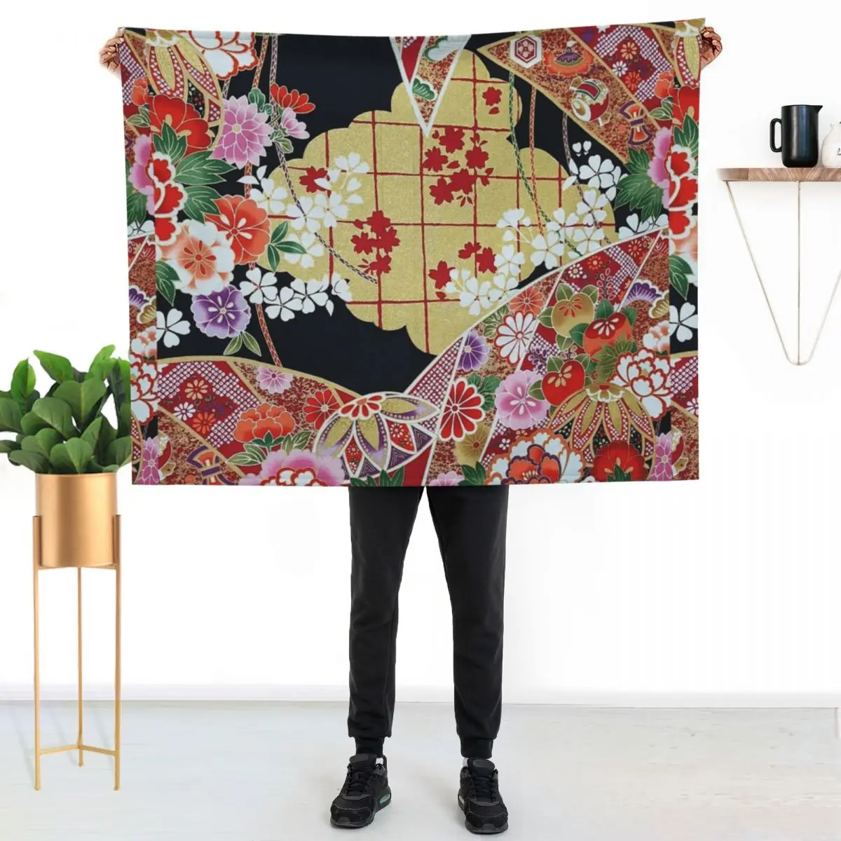 ANTIQUE JAPANESE FLOWERS Red Pink White Jasmines, Peonies Kimono Style Floral Throw Blanket blankets and throws Camping Blankets