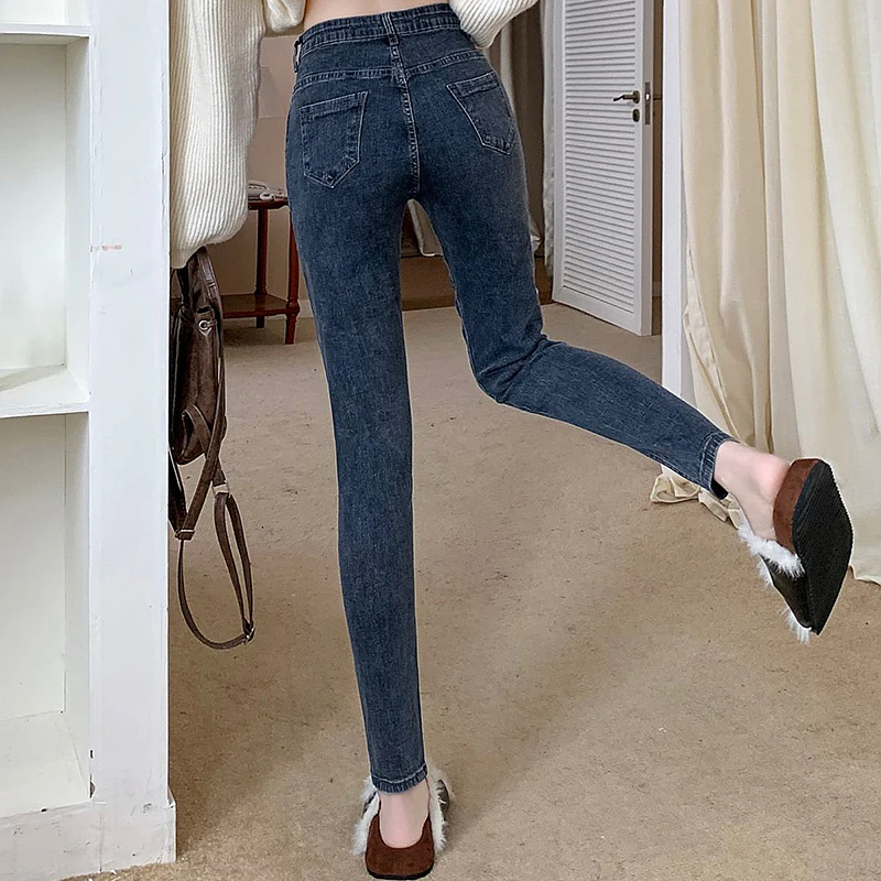 Women High Waist Korean Vintage Straight Leg Jeans Lady Slim Fit Casual Denim Pencil Pants Female Blue Oversized Skinny Trousers