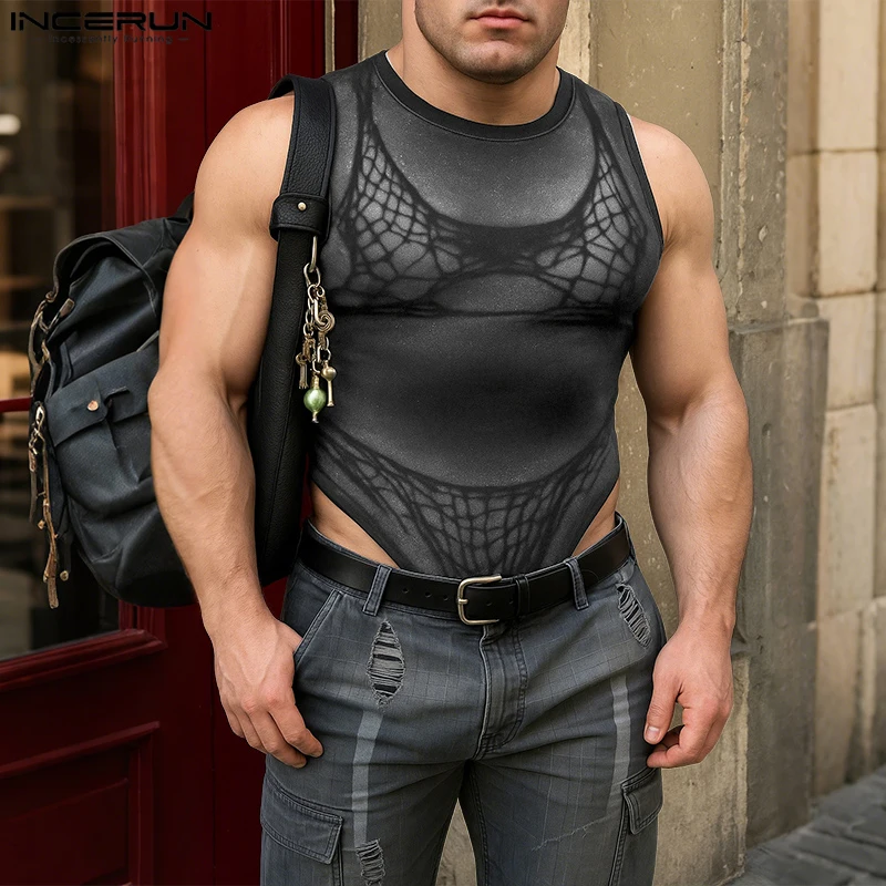 

INCERUN Men Bodysuits Printing O-neck Sleeveless Sexy Elastic Male Rompers Summer 2025 Fashion Leisure Bodysuit S-3XL Streetwear