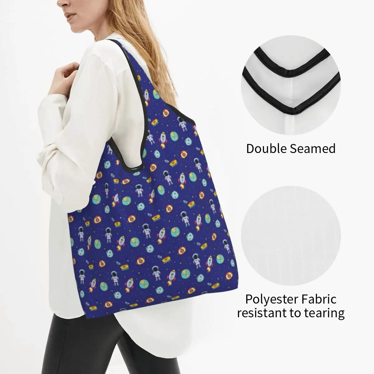 Cute Printed Space Universe Astronaut Spaceship Tote Shopping Bags Portable Shoulder Shopper Galaxy Rocket Planet Handbag