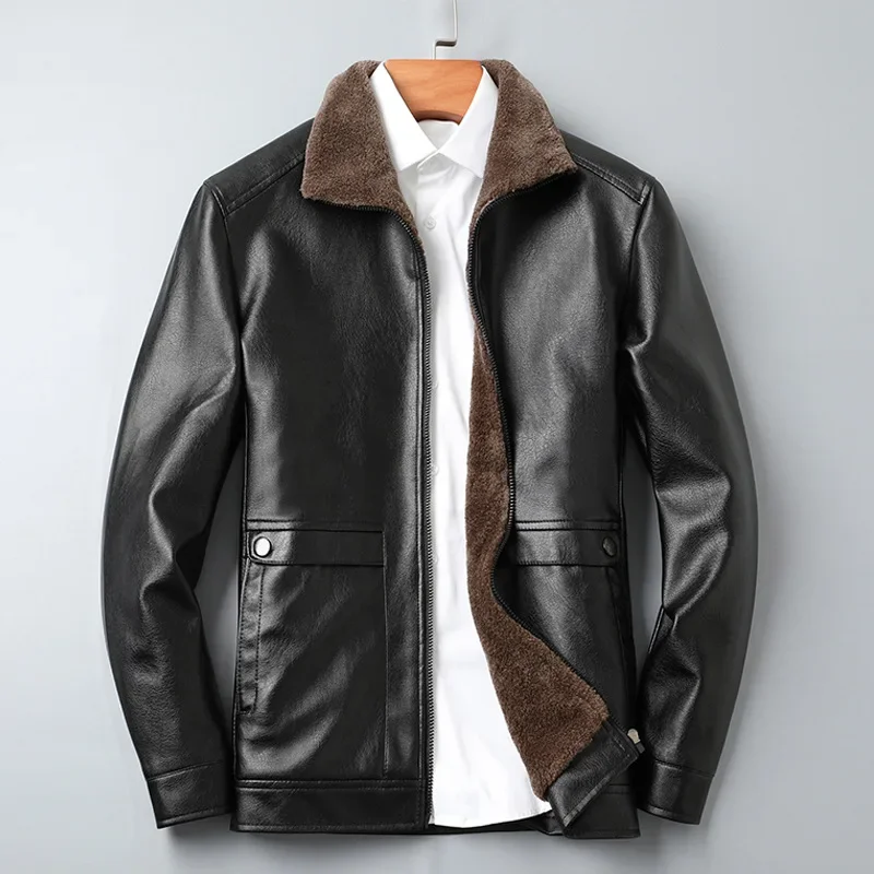 

New Winter Men Wool Liner Warm Leather Jacket Man Fleece Fur Collar Leather Jackets Quality Male Casual PU Leather Coats 3XL