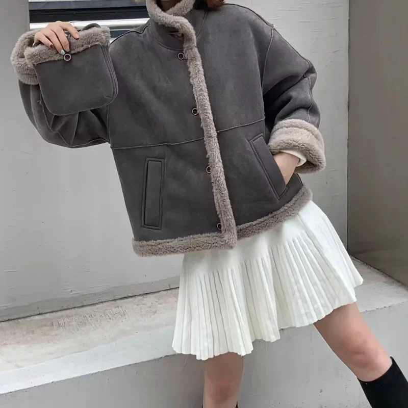 2025 Vintage Stand-Up Collar Lamb Wool Jacket Women's Short Thickened Motorcycle Jacket