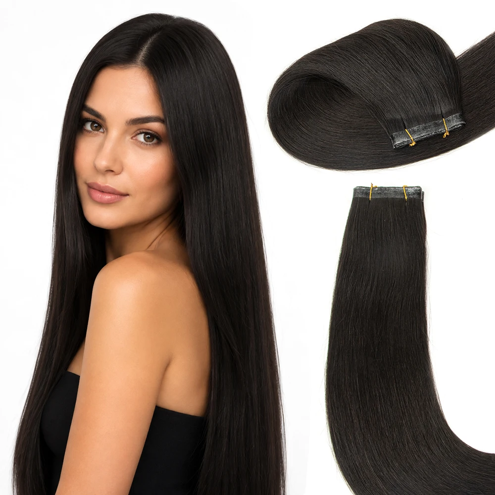 Natural Black Long PU Tape Weft Human Hair Extensions for Women, Available in Natural Black, Brown, And Blonde Shades, Featuring Straight PU Tape Weft