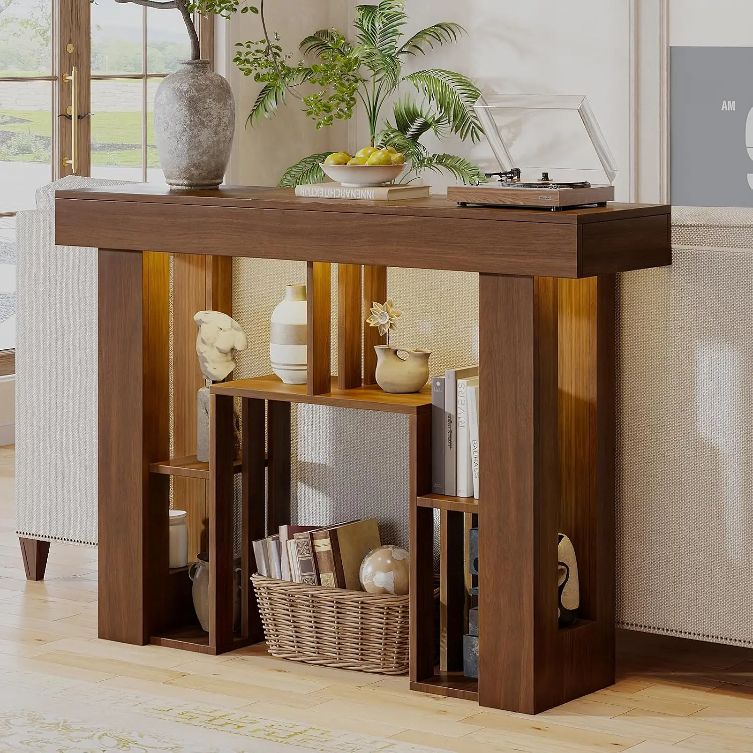 Console Table with Charging Station & USB-C, LED Sofa Table for Entryway Living Room Hallway, 43.3