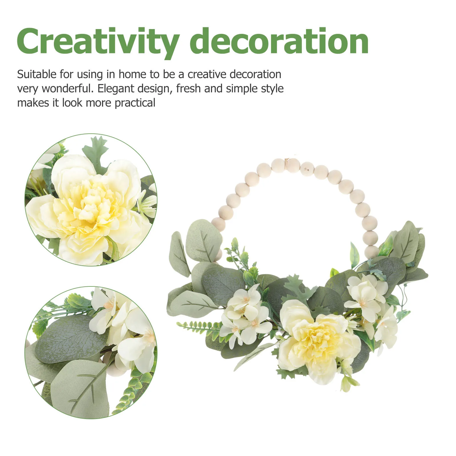 

1Pcs Emulation Flower Wood Beads Wreath Creative Fresh Style Home Wall Hanging Decoration Wedding Garland Home Decor