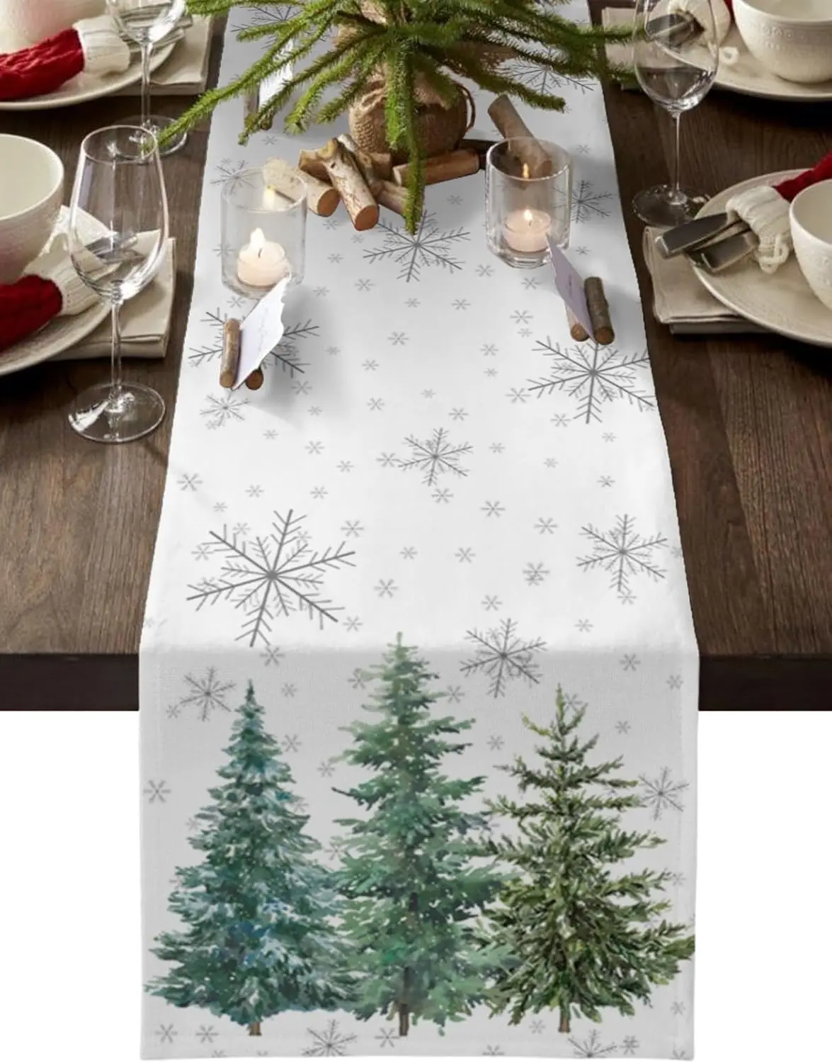 Winter Snowflake Xmas Tree Linen Table Runner Dresser Scarves Tabletop for Kitchen Dining Holiday Party Christmas Decorations