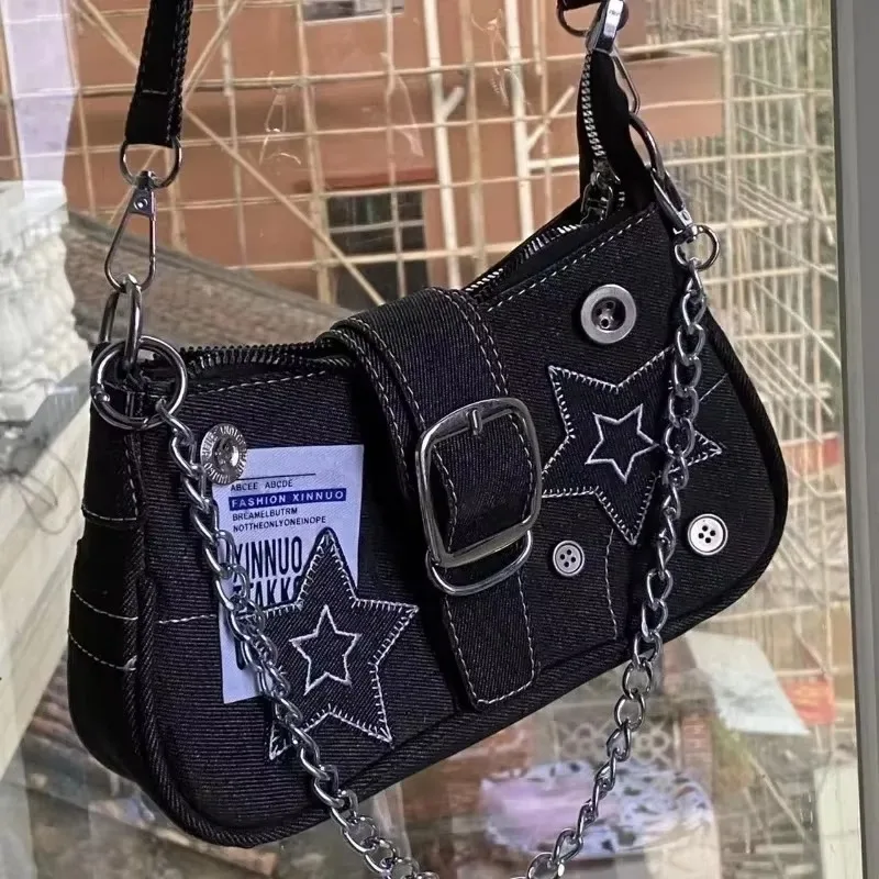 Y2k, bolsos de moda para mujer, patrón de estrellas, bolso fresco para chicas, bolso de lona a la moda para mujer, bolsos de hombro pequeños, bolsos de mano con cadena