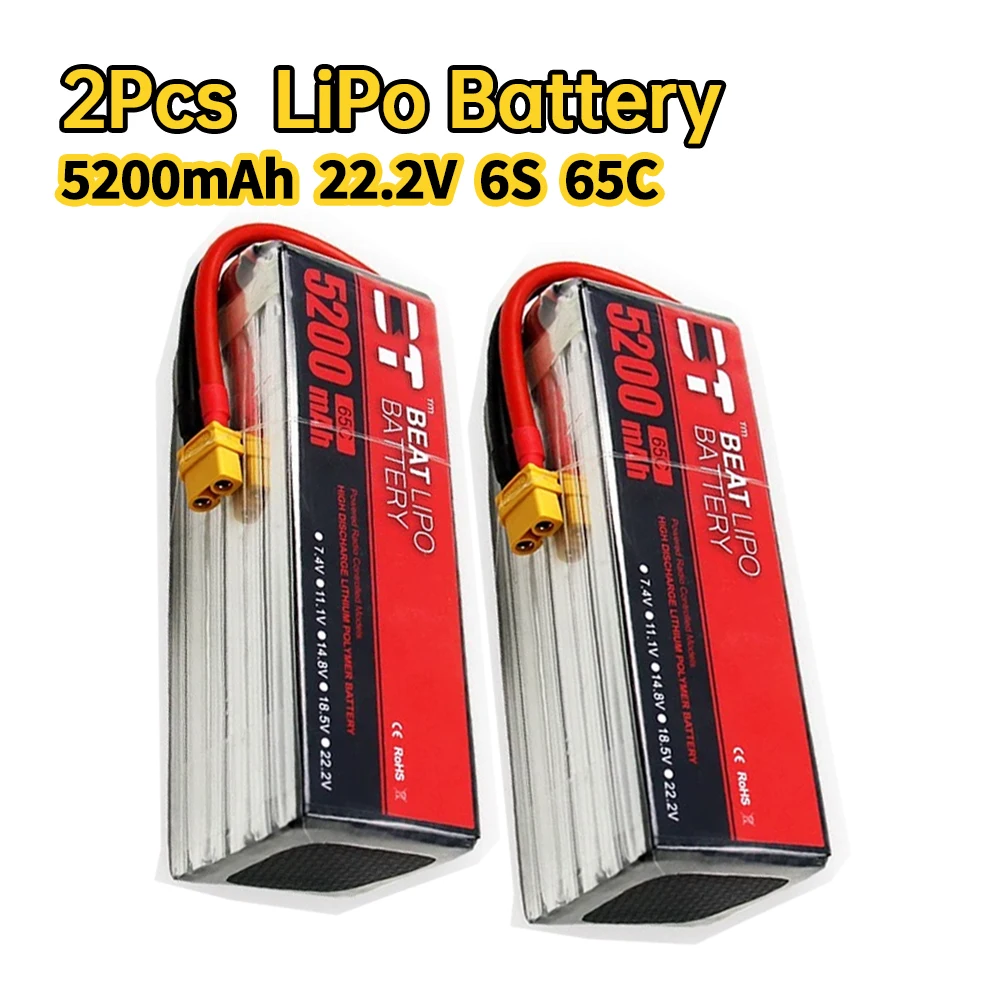 

2Pcs Lipo 6S 5200mAh Battery 22.2V 65C T/XT60 for RC Quadcopter UAV Helicopter FPV Racing Drone Spare Parts Rechargeable Battery