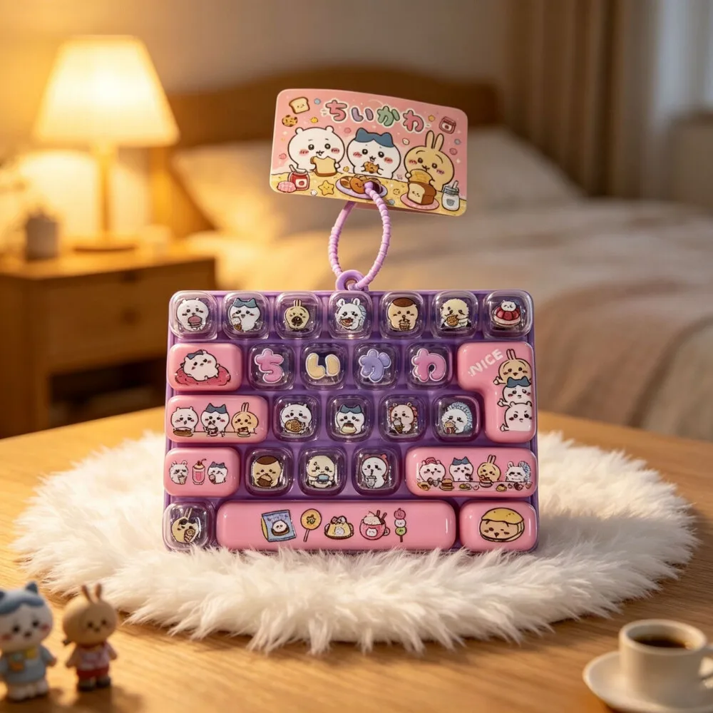  ﻿HOT Chiikawa Fidget Toy 26-Key Caps Clicker Keychain 4-Key Light Up Hachiware Usagi Stress Relief Bag Charm Pendant 피젯 키링