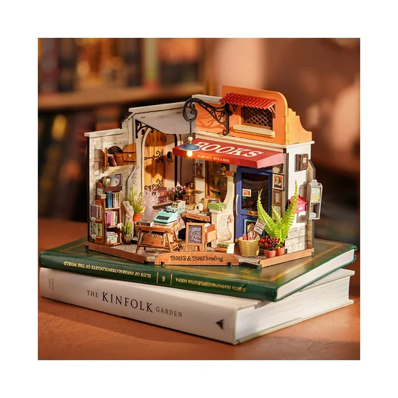 

Corner Bookstore Assembled Toys 3D Puzzles Model Kit Wooden DIY Miniature House Kit