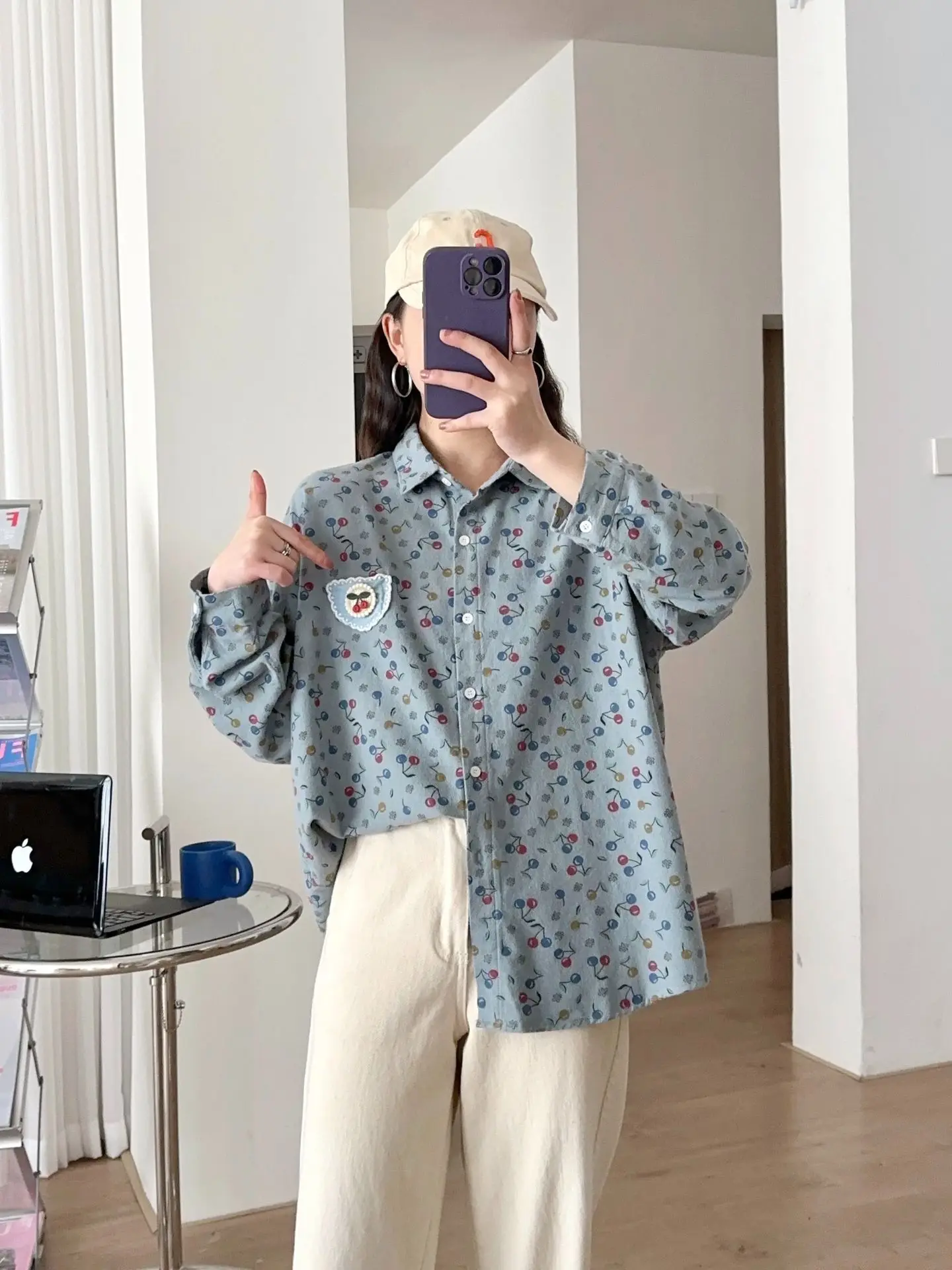 Nowa koszula z długim rękawem z bawełny na jesień 2025, damska koszula z kołnierzykiem i nadrukiem, styl Mori Girl, słodka, luźna bluzka do pracy T5O086CC