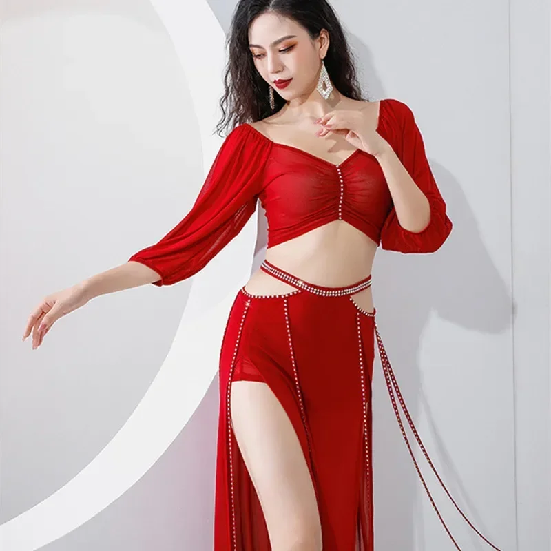 Sexy Women Bellydance Costume Shine Water Yarn Side Slit Long Skirt Oriental Dance Performance Show Clothes French Ruffle Sleeve