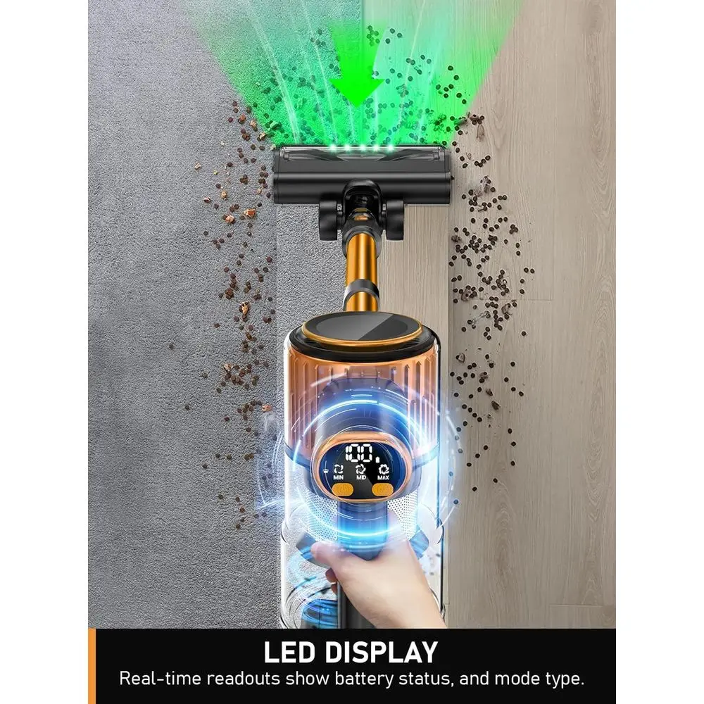 Aspiradora inalámbrica multifuncional, pantalla LED, 3 modos, batería de 45 minutos, liviana para el hogar, pelo de mascotas, alfombras (naranja)