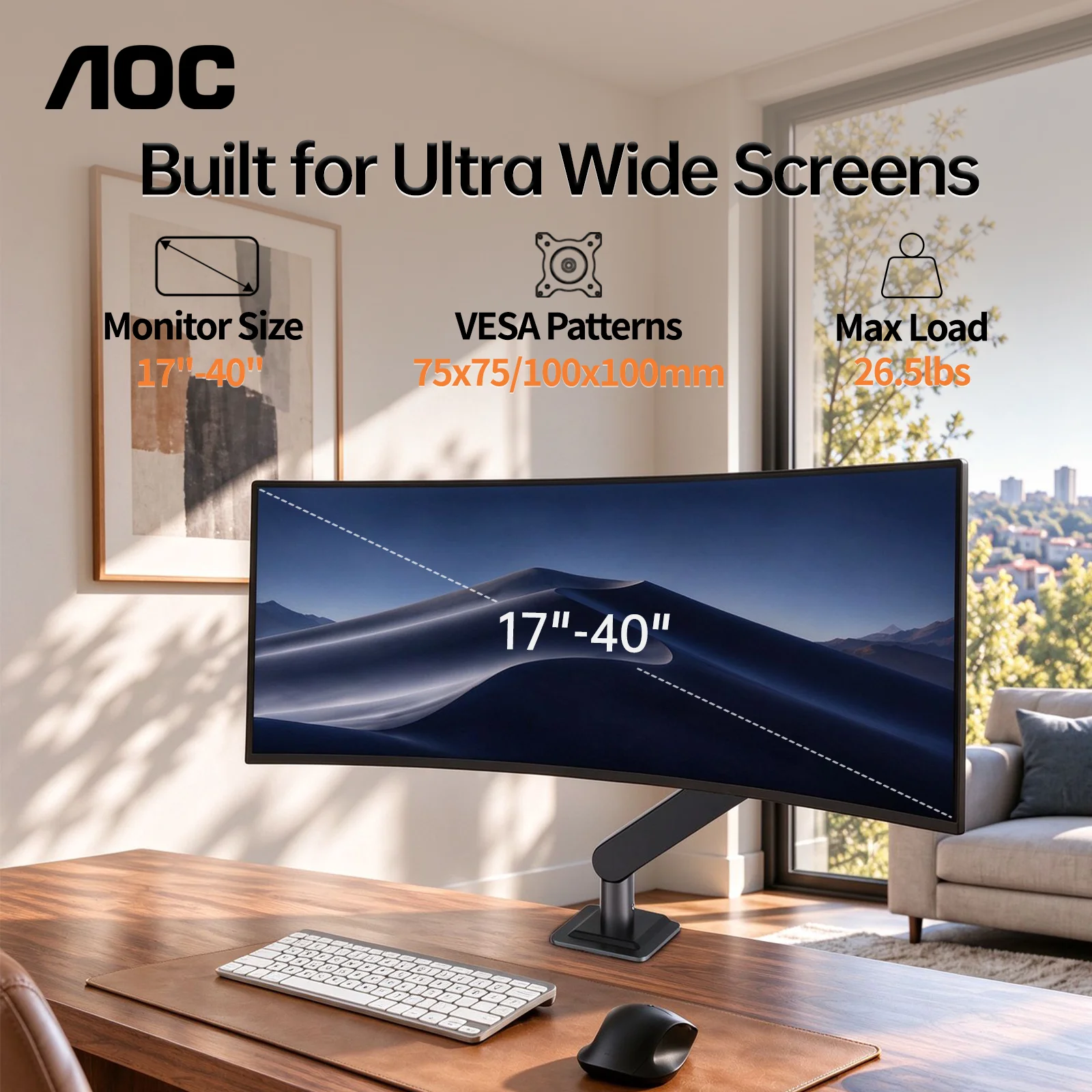 AOC AM500MAX Premium Aluminum Single Monitor Arm High Capacity Adjustable Monitor Mount for 17–40