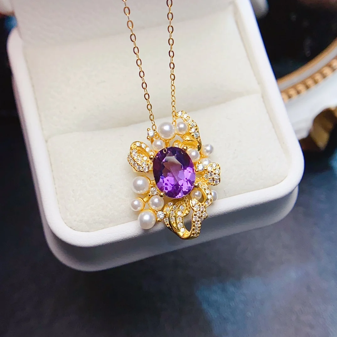 FS 8*10mm Natural Amethyst Pendant Necklace S925 Sterling Silver for Women Fine Charm Wedding Jewelry Certification Gift MeiBaPJ