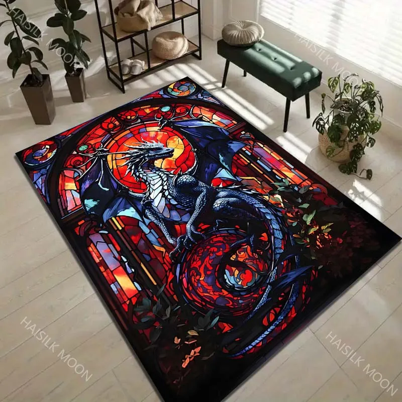 1PC Stained Glass Dragon Plants Carpet for Living Room Bedroom Sofa Home Decor Rus Non-slip Floor Mat Luxury Gift Multiple Sizes