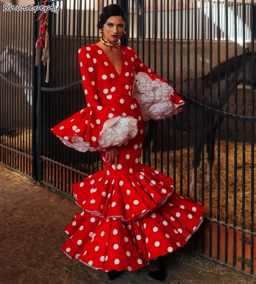 أحمر أبيض الفلامنكا فساتين لحضور الحفلات الموسيقية طبقات البولكا نقطة فساتين السهرة طويلة الأكمام مضيئة طول الأرض بوتيك فستان الحفلات حسب الطلب #1