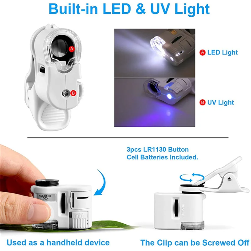 2X 100X Zoom Clip-On Microscope With LED Light, Portable Magnifier Loupe Pocket Magnifying Lens Glass