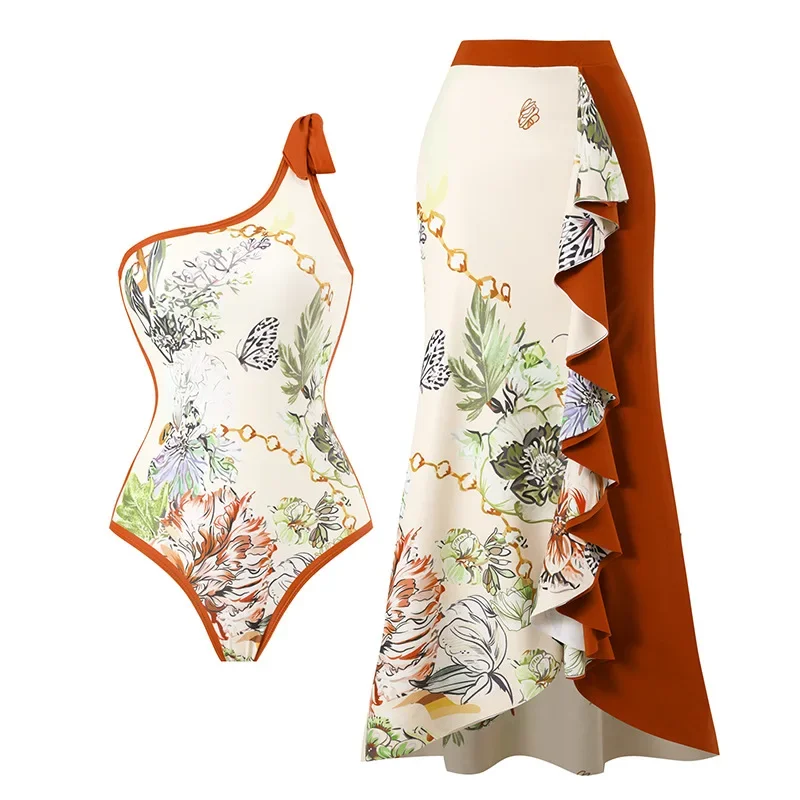 2026 New Two Piece Swimsuit Multicolor Printed Mesh Long Skirt Women's Swimsuit Bikinis Swimsuit Beach Skirt Swimwear Cover-up