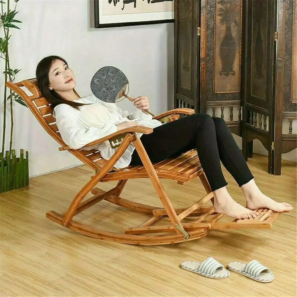 Bamboo Adjustable Lounge Rocking Swing Chair Sunbed Recliner Sun Lounge Patio