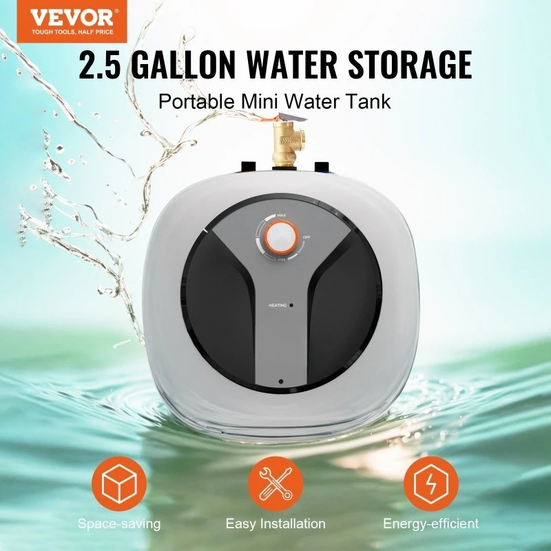 Mini Tank Electric Water Heater 2.5 Gallon Hot Water Boiler Safe Temperature Pressure Valve Easy to Install