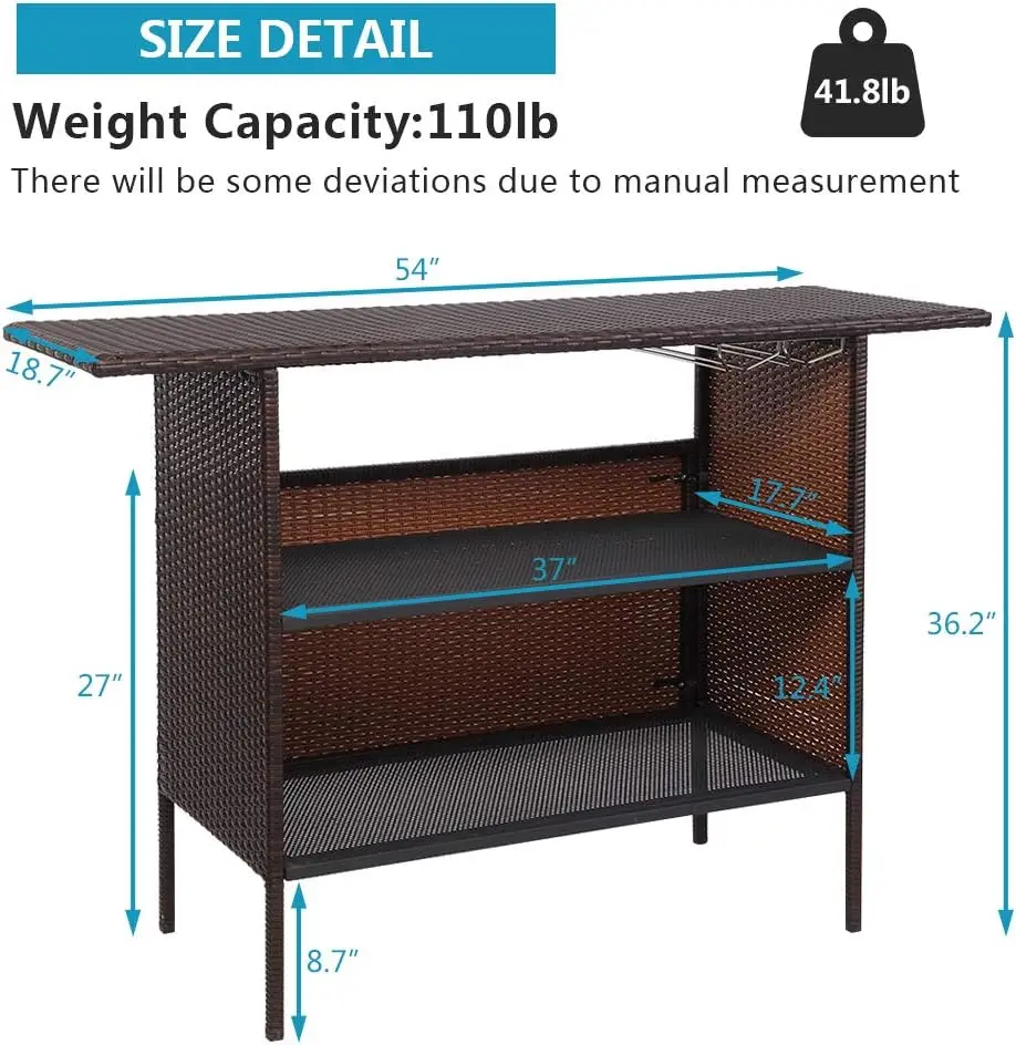 Mesa de Bar de mimbre para exteriores con 2 estantes de acero, juegos de rieles, almacenamiento de Patio de mimbre para Patio trasero, junto a la piscina, jardín