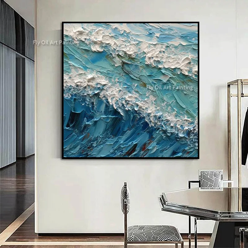 Original Hand Painted Blue Surf Relief Artwork, Square Thick Canvas, Minimalist Ocean Style Wall Art