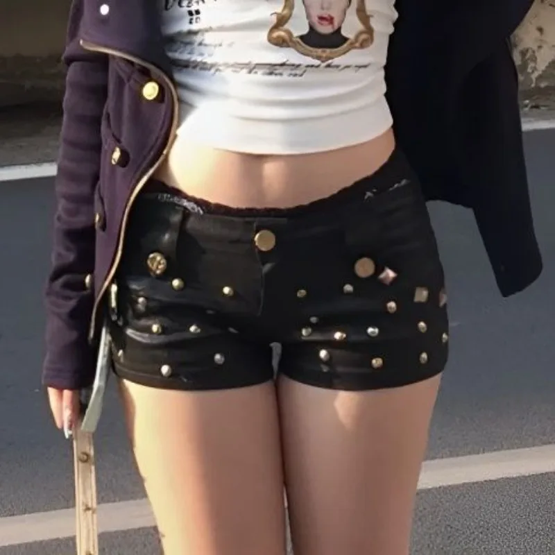 American Spice Girl Metal Rivet Low Waist Hip Black Pu Leather Shorts