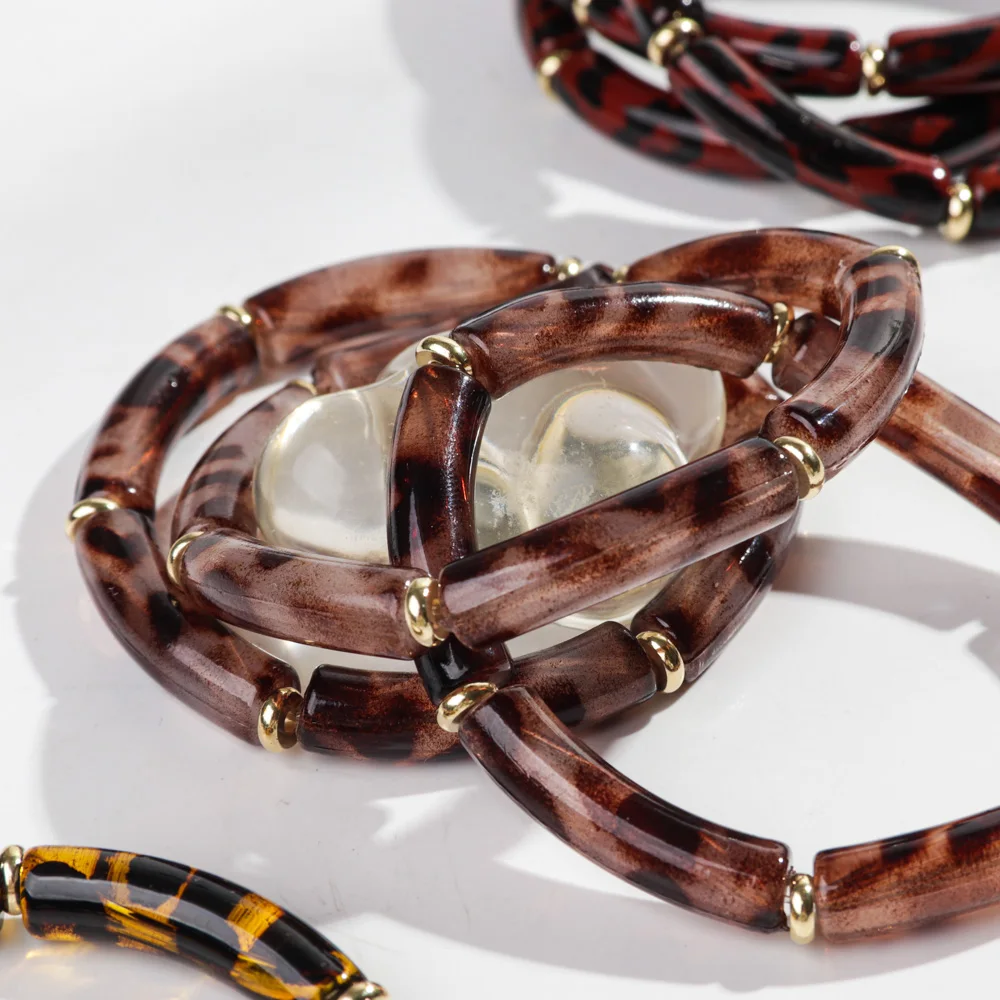 3Pcs Colorful Leopard Thin Bamboo Curved Tube Bracelets for Women Boho Resin Stretchy Stack Bangles Set Trendy Jewelry Gifts