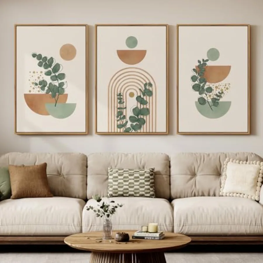

Большой набор из 3 картин на холсте в рамах в стиле бохо с ботаническими мотивами: абстрактные принты с растениями цвета шалфея, минималистичные нейтральные геометрические узоры