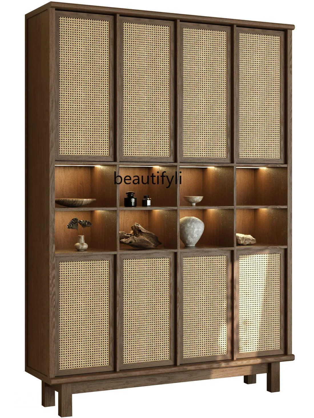 

New Chinese Rattan Wood Grain Wall Cabinet Coffee Shop Wall Storage Tea House Background Cabinet