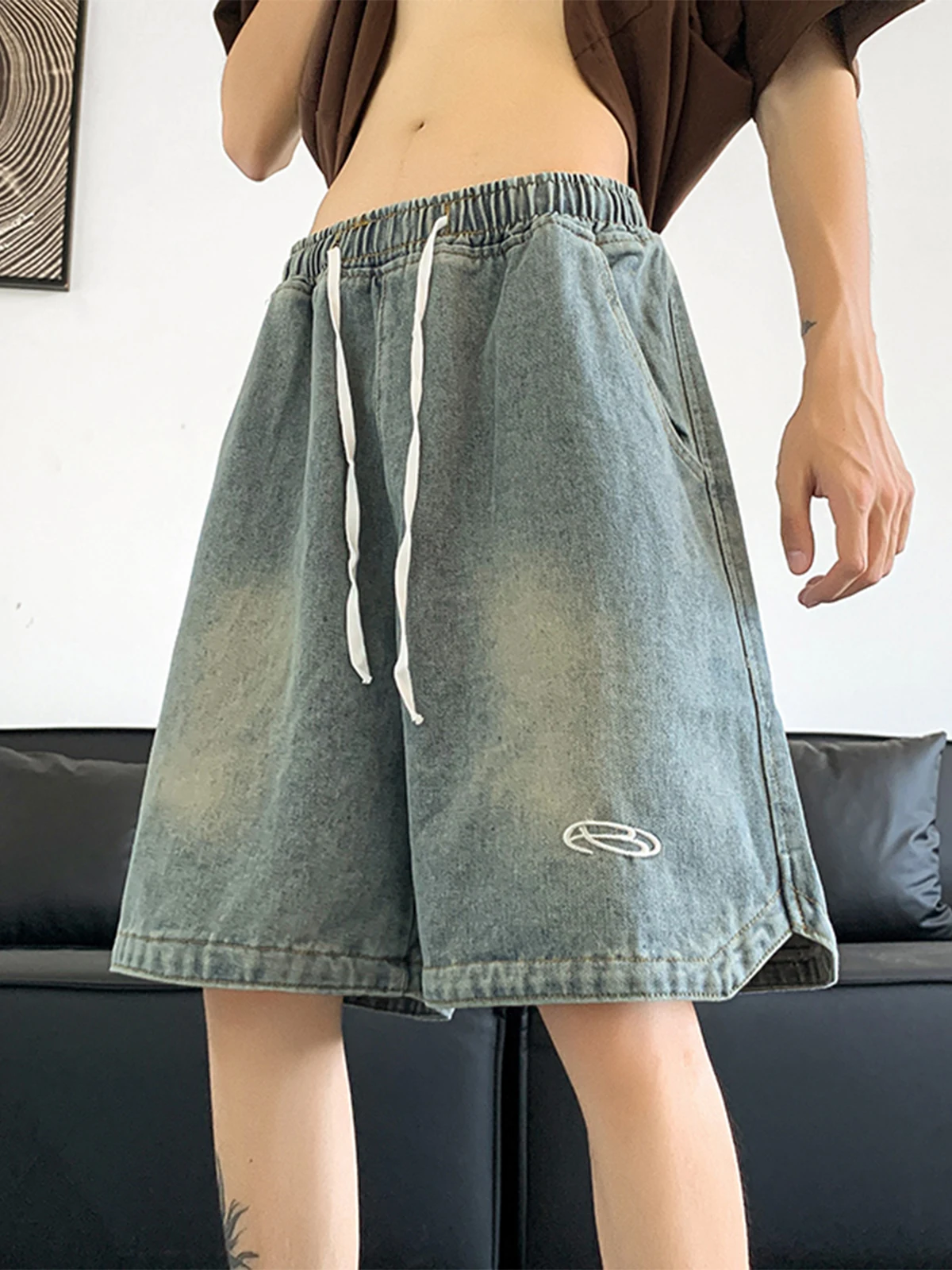 

Джинсовые брюки в стиле ретро, мужские летние тонкие модные свободные прямые брюки с широкими штанинами и пятью точками