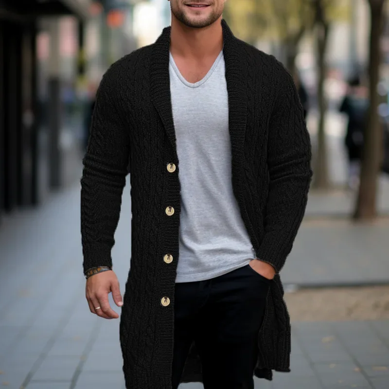 Cardigan à fleurs torsadées pour hommes, pull mi-long, manteau en laine tissé, simple boutonnage, revers mince, fil optique, printemps et automne