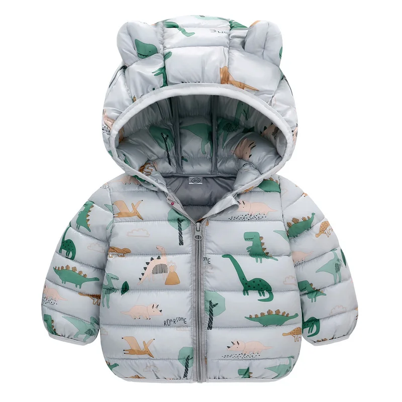 Baby Boys Girls Down Coats Long Sleeve Cartoon Dinosaur Print Jackets 1-5Yrs Kids Hooded Zipper Outerwear Spring Autumn