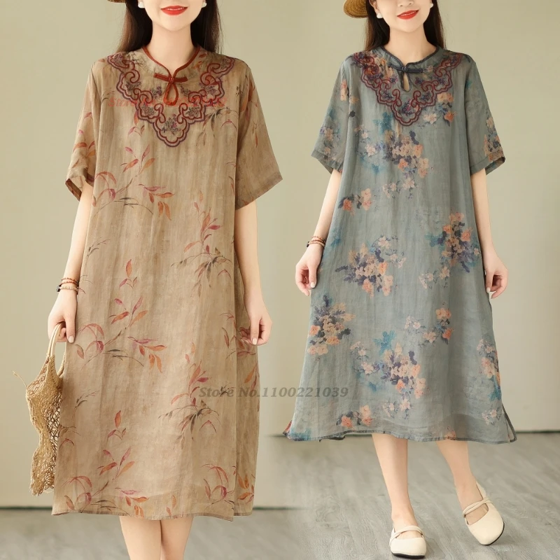 

2025 chinese traditional cheongsam improved qipao vintage dress national flower print embroidery a-line dress retro loose qipao