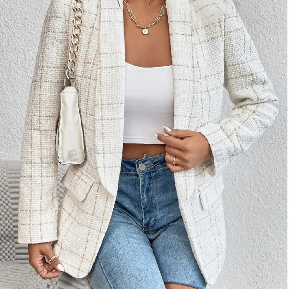 Damesblazers Herfst Winter Comfortabel Chic 2025, elegant, stijlvol, geruit, lange mouwen, omgeslagen kraag, casual vesten