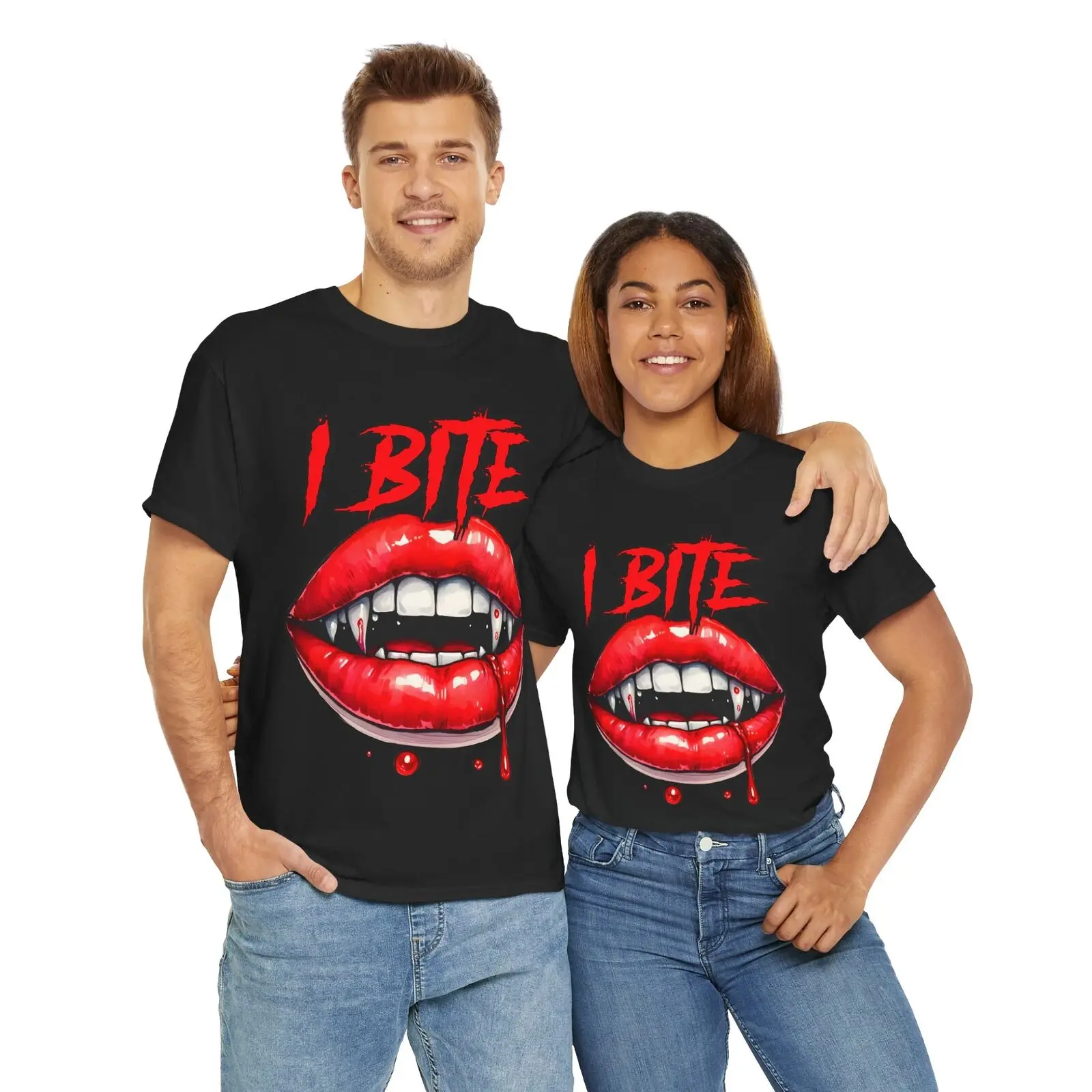 

vampire fangs I bite horror Unisex Heavy Cotton Tee men women halloween gift