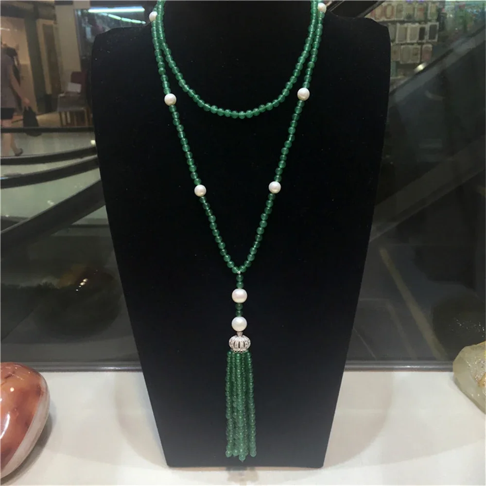 Hand knotted long natural green jade white freshwater pearl micro inlay zircon clasp tassel necklace fashion jewelry