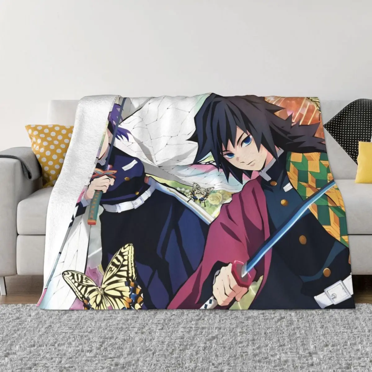 Demon Slayer Anime Plush Blanket Giyu Tomioka And Shinobu Kocho Vintage Throw Blankets for Home 125*100cm Rug Piece