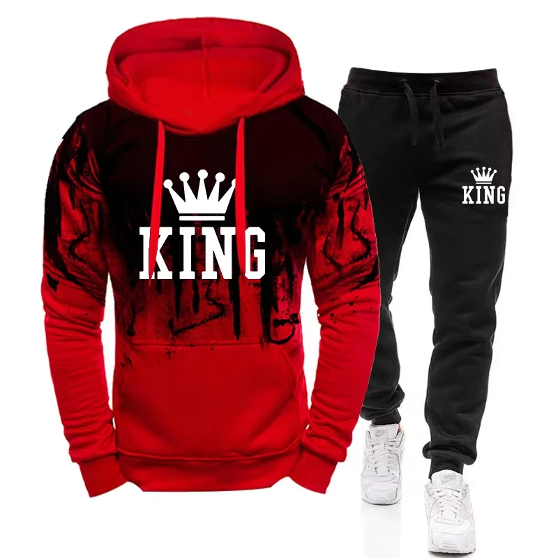 

Men's Hoodie Pant Sets 3d Letter King Print Men Women Fashion Hoodie+Pant 2 Piece Suit Tracksuit Set Sports Clothing Jogging Run