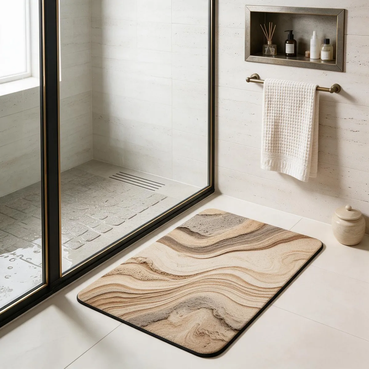 Tappetino da bagno quadrato in fango di diatomee, assorbente e antiscivolo, con retro in gomma, ideale per il bagno e l'ingresso.